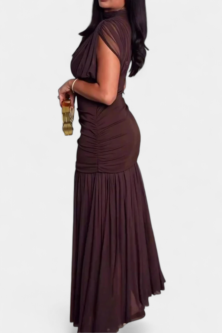 Noelia Vestido Ajustado de Malla Plisada Marrón