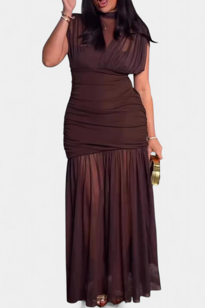 Noelia Vestido Ajustado de Malla Plisada Marrón