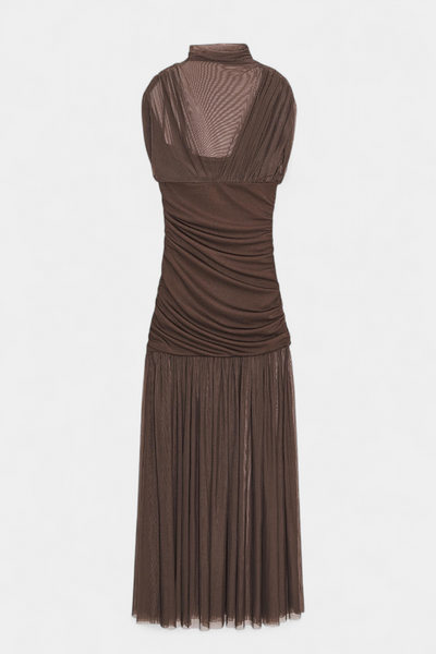 Noelia Vestido Ajustado de Malla Plisada Marrón